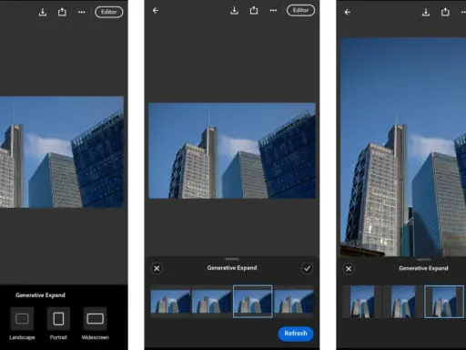 Edytor w **Lightroom web** pozwala na rozszerzenie zdjęcia budynków dzięki Generative Expand. Widzimy różne propozycje rozszerzenia kadru.
