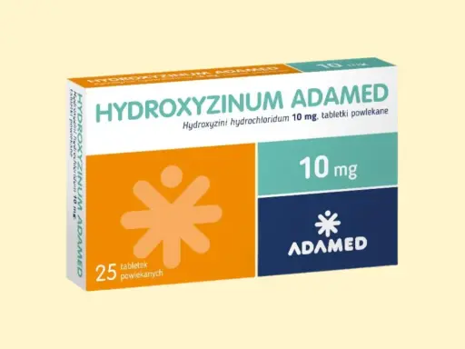 Opakowanie leku Hydroxyzine Adamed 10 mg, zawierające 25 tabletek powlekanych.