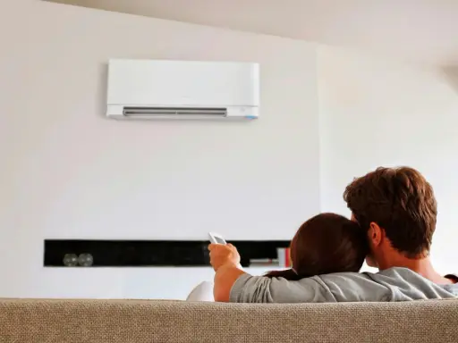 Pareja relajada en el sofá, disfrutando del confort que ofrece un **split aire acondicionado** en la pared.