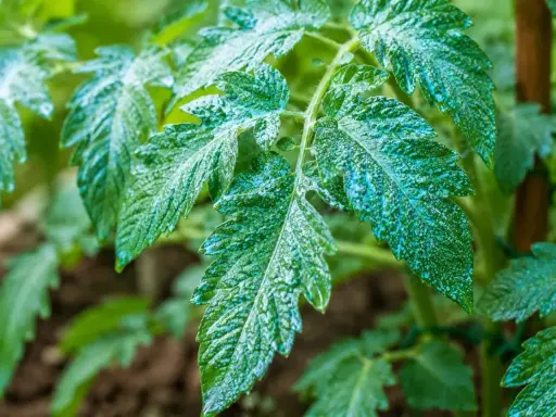 Feuilles de tomate couvertes de bouillie bordelaise, un traitement qui peut présenter un danger si mal utilisé.