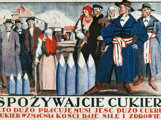 Ludzie w strojach z epoki, przed budynkiem z napisem "Cukier". Hasło "Cukier krzepi kto to powiedział" towarzyszy tej scenie.