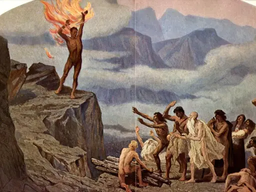 Prometheus, der Titan, bringt den Menschen das Feuer. Eine Gruppe von Menschen blickt voller Ehrfurcht auf das Geschenk, das den Prometheus-Mythos verkörpert.