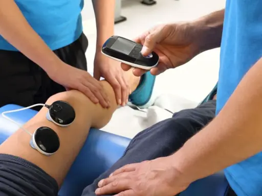 Rehabilitacja: fizjoterapeuta z urządzeniem do elektroterapii przy nodze pacjenta.