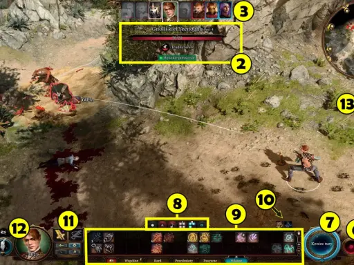 Bitwa w Baldur's Gate: drużyna walczy z gnollami. Widać interfejs gry, postacie i minimapę.