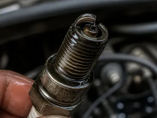 Bougie d'allumage d'un moteur 2 temps qui se noie, couverte d'huile.