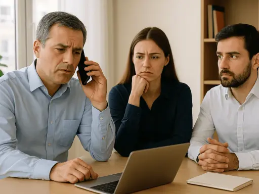Trois personnes, visiblement préoccupées, discutent autour d'un ordinateur. L'homme au téléphone semble attendre une réponse du syndic.