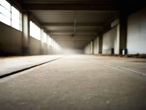 Pusta hala z betonową posadzką i rzędem okien po lewej. Długi korytarz, kurz w powietrzu. Dlaczego beton nie ma pracy?