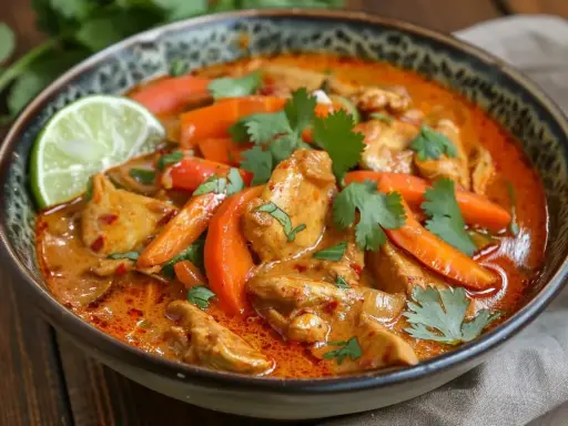 En skål med krämig, röd curry med kyckling, morötter och koriander. En limeklyfta ligger på kanten. En härlig thai mat.