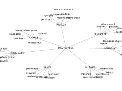 Carte mentale des mots liés à "malheureux", montrant des synonymes comme "misérable", "affreux", "triste", "désespéré".