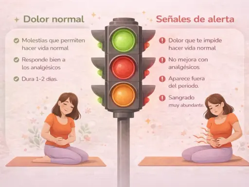Semáforo de la dismenorrea: dolor normal (verde) vs. señales de alerta (rojo).