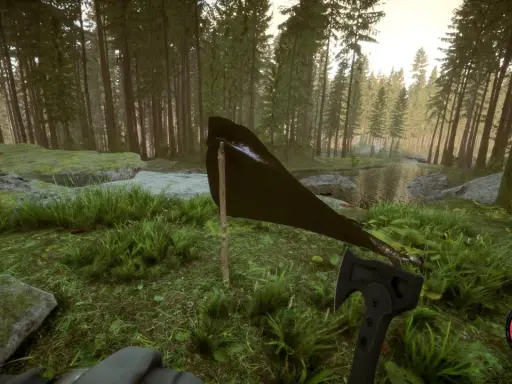 Wymagania Sons of the Forest: w lesie z toporem i prowizorycznym schronieniem, gotowy na przetrwanie.