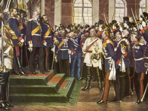 Männer in Uniformen, die die deutsche Frage im 19. Jahrhundert diskutieren. Kaiser Wilhelm I. und Bismarck im Zentrum.