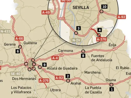 Mapa de radares en Sevilla y alrededores. Indica ubicaciones de controles de velocidad en carreteras como la A-4, A-92 y SE-40.