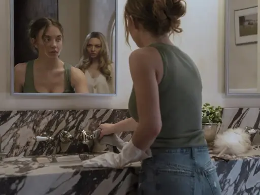 Una ragazza si pulisce il lavandino mentre un'altra la osserva riflessa nello specchio. La scena suggerisce una trama di famiglia complessa.