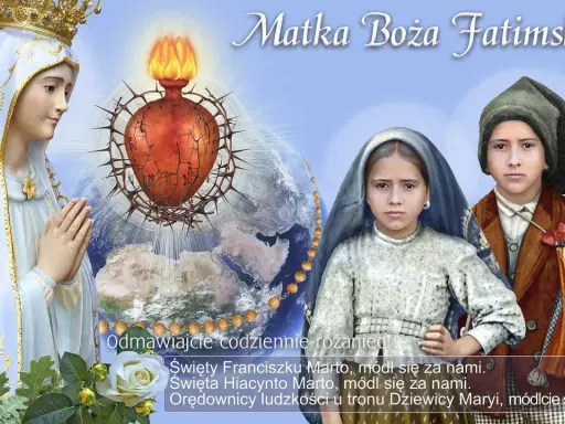 Matka Boża Fatimska w koronie, z Sercem ukoronowanym cierniem, wzywa do modlitwy. Dzieci Fatimskie i różaniec symbolizują nadzieję i modlitwę do Maryi od spraw niemożliwych.