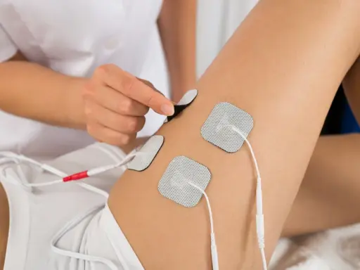 Terapeuta umieszcza elektrody na udzie pacjenta, przygotowując do zabiegu elektrostymulacji.