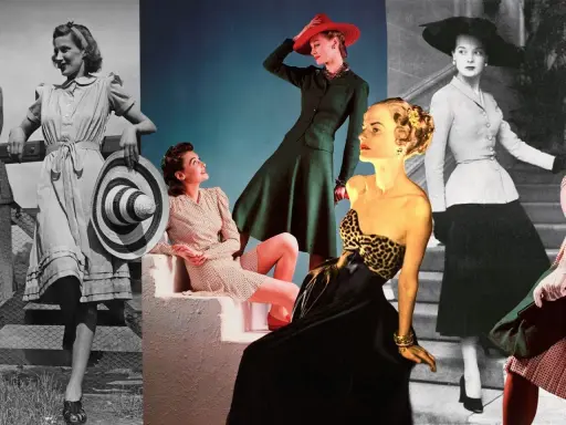 Kobiety w stylowych kreacjach, odzwierciedlające modę na przestrzeni lat. Eleganckie sukienki, kapelusze i wyrafinowane sylwetki.