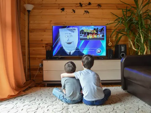 Dwóch chłopców ogląda bajkę w telewizji, która może być szkodliwa dla dzieci. Na ekranie postać z workiem na głowie i napis "HOUSE FIRE!".