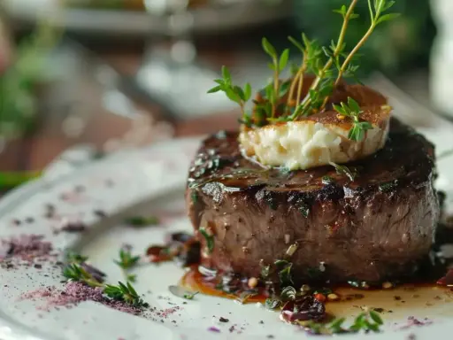 Soczysty stek wołowy z serem i gałązkami tymianku. Tymianek do czego? Do podkreślenia smaku mięsa i dodania aromatu.