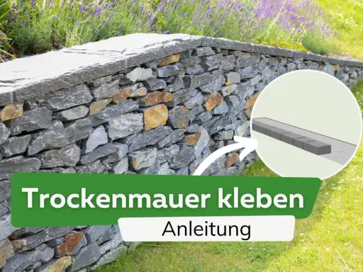 Anleitung zum Trockenmauer kleben: Eine detaillierte Darstellung zeigt, wie Mauersteine für eine stabile Trockenmauer verklebt werden.