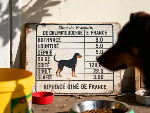 Un chien observe un tableau indiquant les quantités pour une alimentation maison pour un chien en insuffisance rénale.