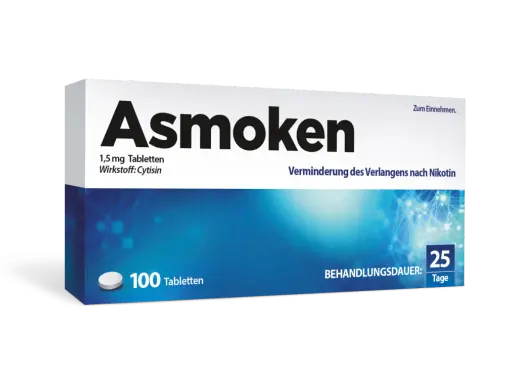 Asmoken-Packung mit 100 Tabletten zur Raucherentwöhnung. Viele positive Tabex Erfahrungen zeigen, dass Cytisin hilft, das Verlangen nach Nikotin zu mindern.