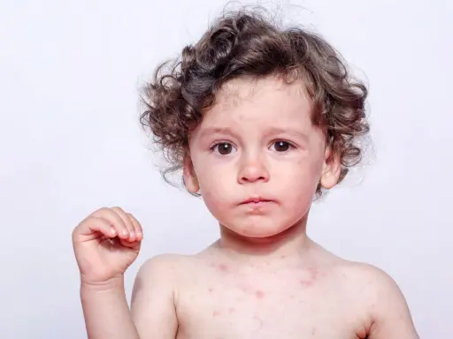 Bambino con puntini rossi sul corpo e viso, possibili puntini rossi eritema solare bambini.