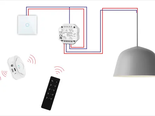 Schemat jak podłączyć ściemniacz oświetlenia. Pokazuje połączenie włącznika, modułu ściemniacza, lampy, pilota i smartfona.