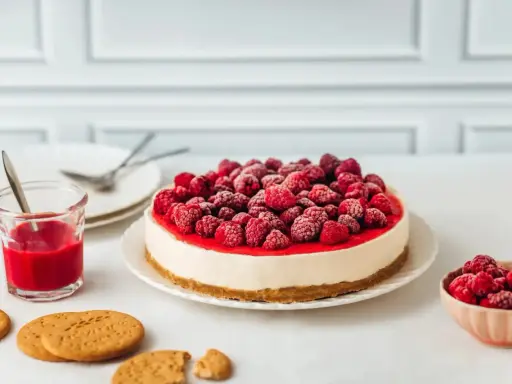 Un délicieux cheesecake framboise, garni de fruits rouges givrés, prêt à être dégusté avec un coulis et des biscuits.