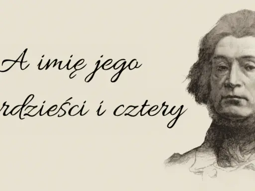 Portret mężczyzny z bujną fryzurą i zarośniętymi policzkami. Obok napis: "A imię jego czterdzieści i cztery".