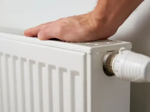 Mano tocando un radiador blanco, listo para cuando encender la calefacción. Termostato visible.
