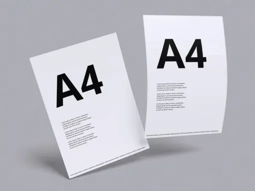 Dwa białe arkusze papieru formatu a9 z czarnym napisem "A4" i tekstem.
