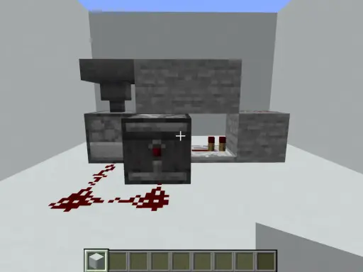 Jak zrobić dispenser w Minecraft: pokazano mechanizm z lejem, dyspenserem i redstone.