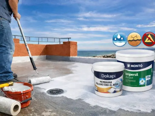 Aplicación de membrana para impermeabilización de terrazas. Rodillo y cubos de pintura listos para proteger tu hogar del agua.