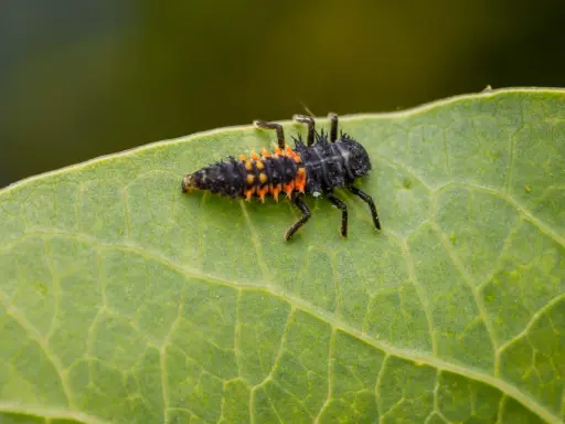 A spiky, black and orange asian beetle larvae crawls across a vibrant green leaf, its tiny legs gripping the surface.