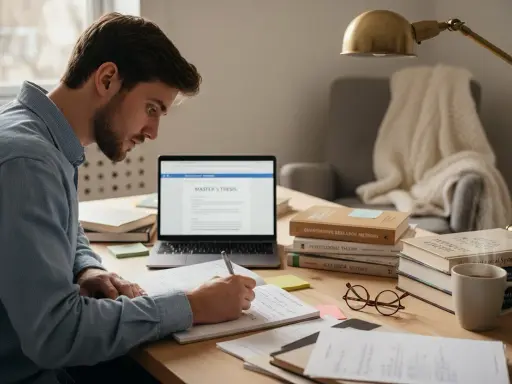 Mężczyzna pisze pracę magisterską na laptopie, notując w zeszycie. Tak wygląda rozprawa zdalna.