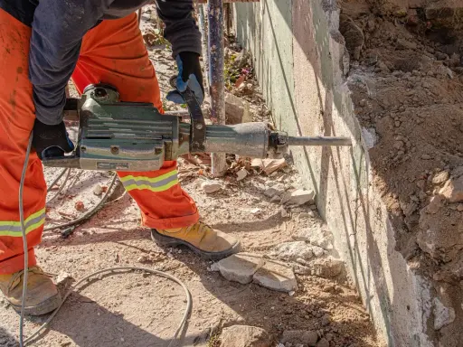 Trabajador con martillo neumático realiza demolición manual de muro de hormigón.