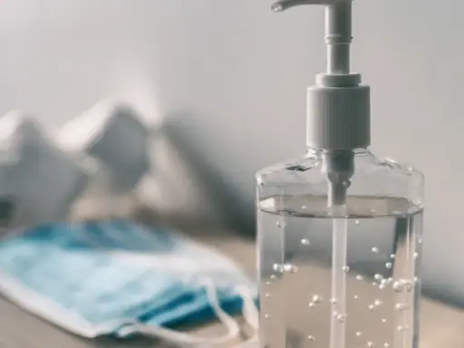 Butelka płynu do dezynfekcji i maseczka ochronna na stole.