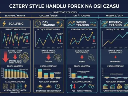 Cztery style handlu Forex: Scalping, Day Trading, Swing Trading, Position Trading. Wykresy pokazują sygnały giełdowe, ryzyko, koszty i kluczowe zmienne.