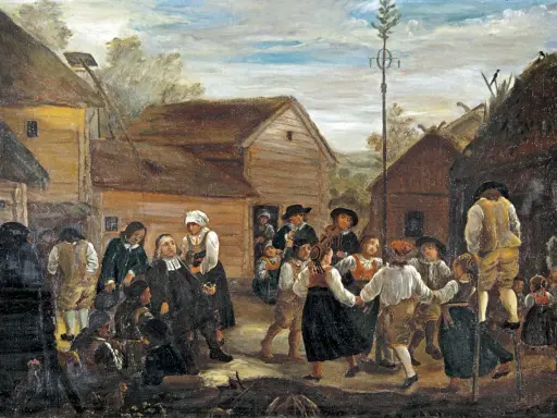 Midsommarhistoria: Människor i folkdräkter dansar runt en majstång i en by.