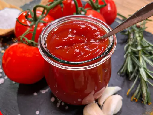 Ein Glas hausgemachtes Ketchup, das Zutaten für das beste Ketchup Rezept: Tomaten, Knoblauch, Rosmarin, Salz und Gewürze.
