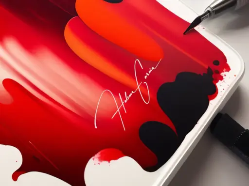 Signature blanche "Helena Garcia" sur fond abstrait rouge et noir, avec un pinceau et un marqueur.