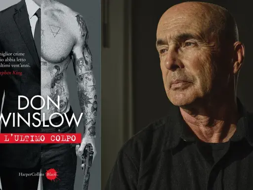 Copertina di "L'ultimo colpo", l'ultimo libro di Don Winslow, con un uomo tatuato in giacca e cravatta e il ritratto dell'autore.