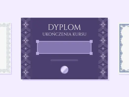 Trzy eleganckie dokumenty: dyplom ukończenia kursu, certyfikat uznania i dyplom uznania, ozdobione ornamentami.
