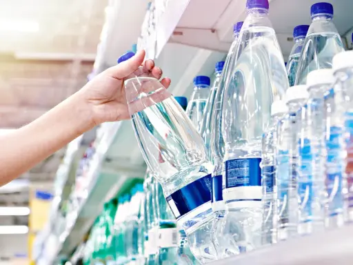 Ręka sięga po butelkę wody, zastanawiając się, czy woda może się zepsuć. Woda w butelkach na półce sklepowej.