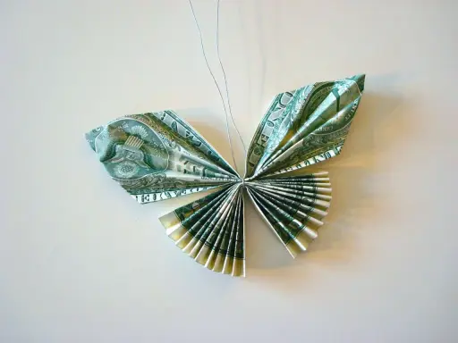 Schmetterling aus gefalteten Geldscheinen, kunstvoll arrangiert. Die feinen Knicke der Geldscheine formen zarte Flügel.