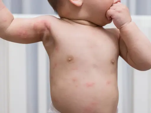 Un bébé a des rougeurs et des petits boutons sur le corps, notamment sur le torse et les bras.