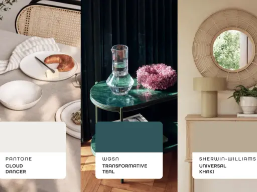 Tendenze arredamento: tavola apparecchiata, tavolino in marmo verde e specchio in rattan. Colori: Cloud Dancer, Transformative Teal, Universal Khaki.