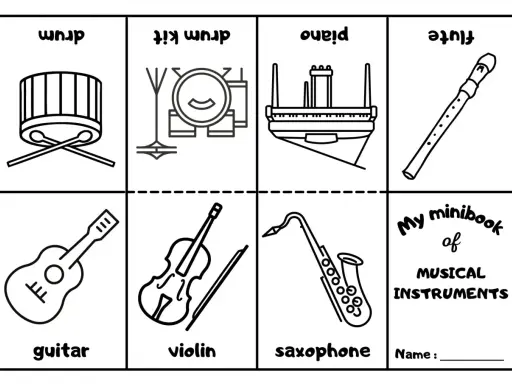 Kolorowanki instrumentów muzycznych: bęben, zestaw perkusyjny, pianino, flet, gitara, skrzypce, saksofon.