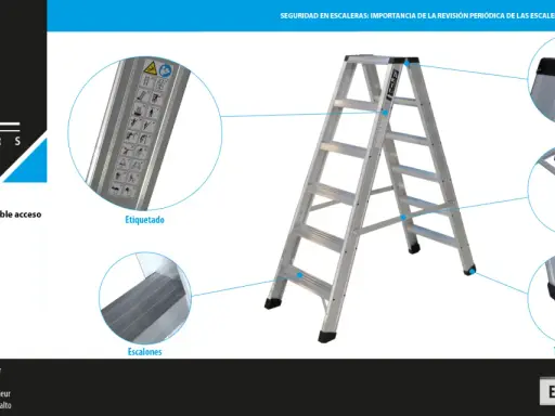Detalle de las partes de una escalera: etiquetado, escalones, bisagras, tirantes y tapafinales.